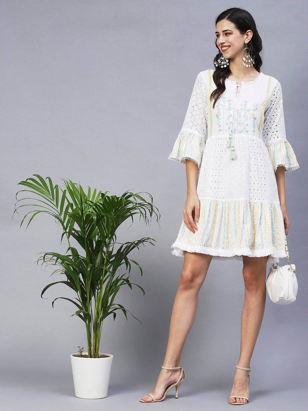 White Floral Embroidered Tie-Up Neck Mini Dress