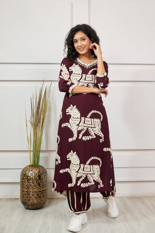 INDYES Animal Printed V-Neck Sequinned Kurta With Salwar for Women