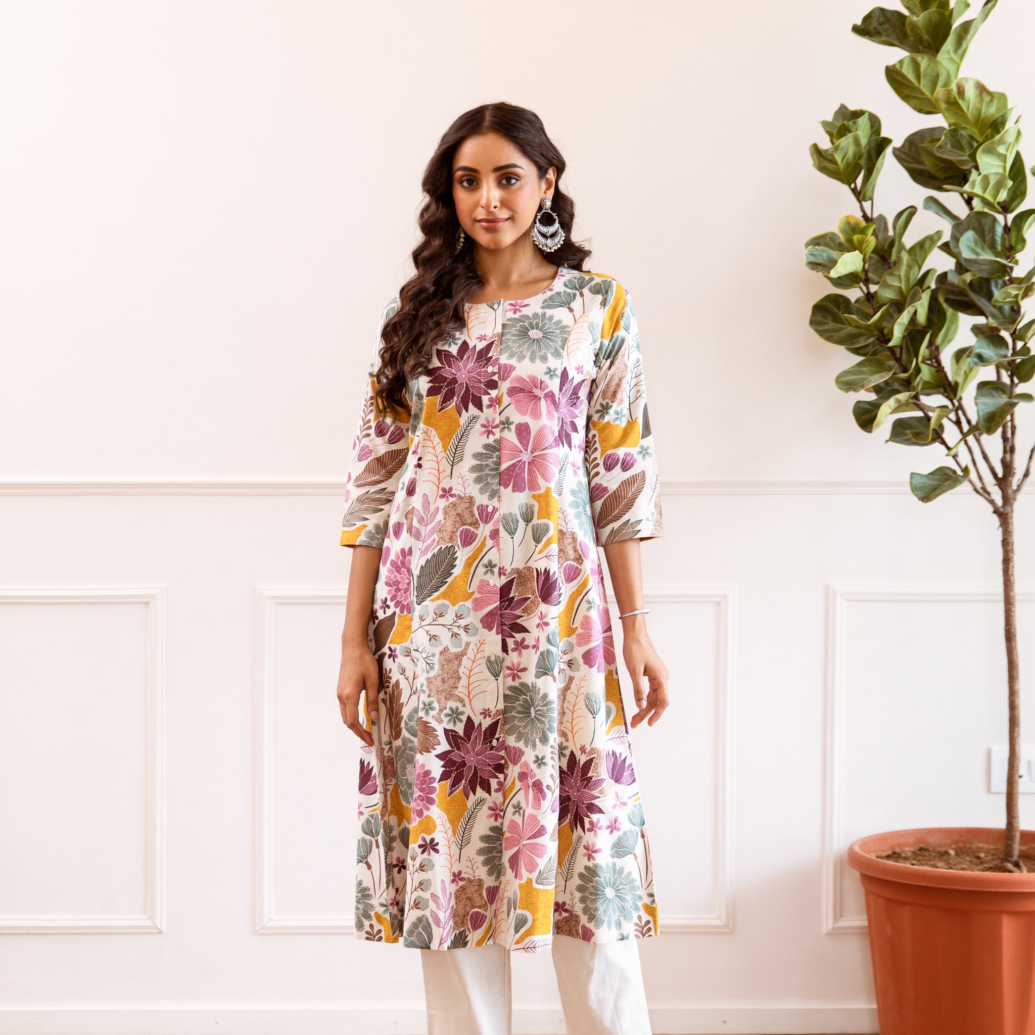 INDYES Floral Printed Pure Cotton Anarkali Kurta With Trouser for Women