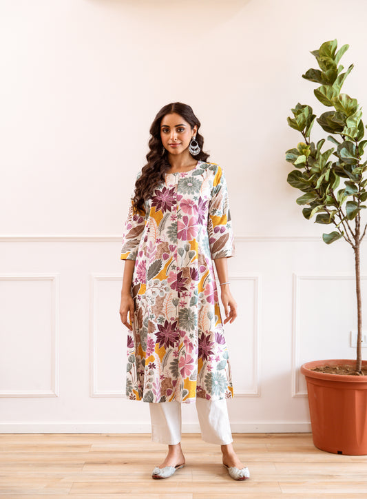 INDYES Floral Printed Pure Cotton Anarkali Kurta With Trouser for Women