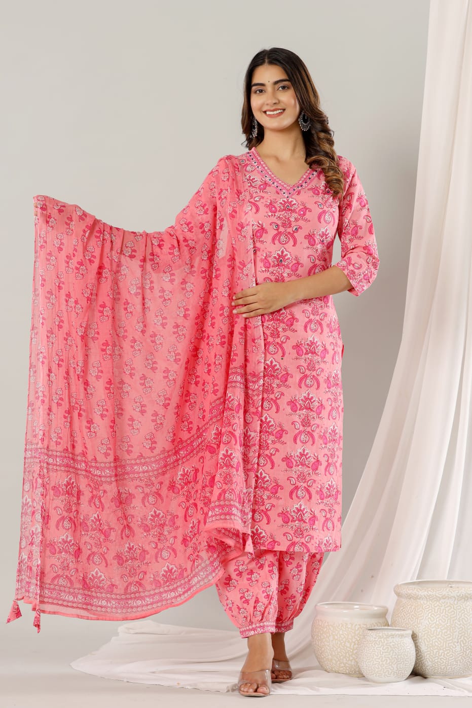 INDYES Floral Printed V-Neck Pure Cotton Straight Kurta with Salwar & Dupatta for Women