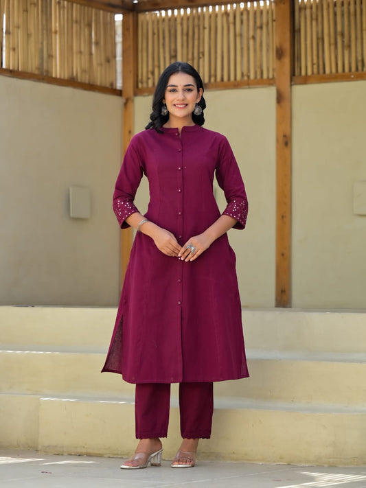 INDYES Panelled Mirror Work Pure Cotton Kurta with Trousers for Women
