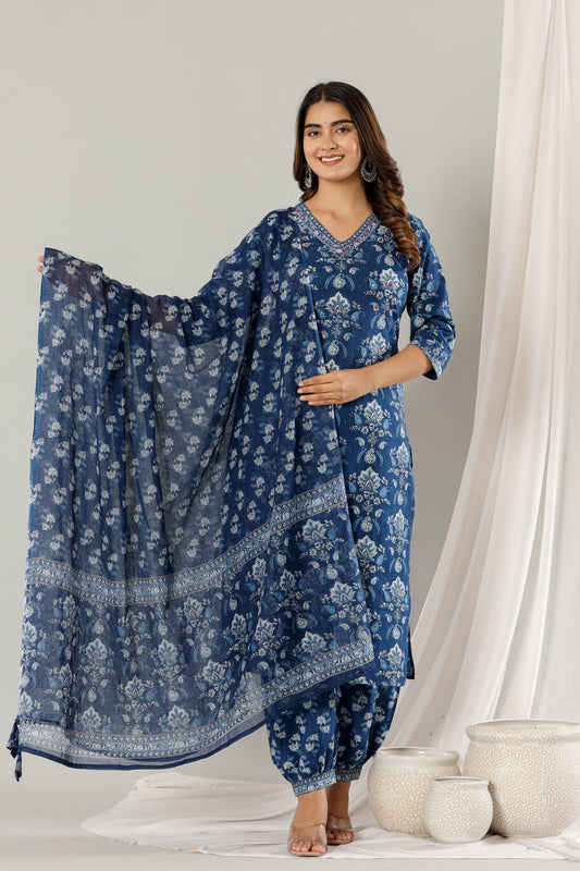INDYES Blue Floral Printed Sequinned Pure Cotton Kurta With Afghani Salwar & Dupatta for Women
