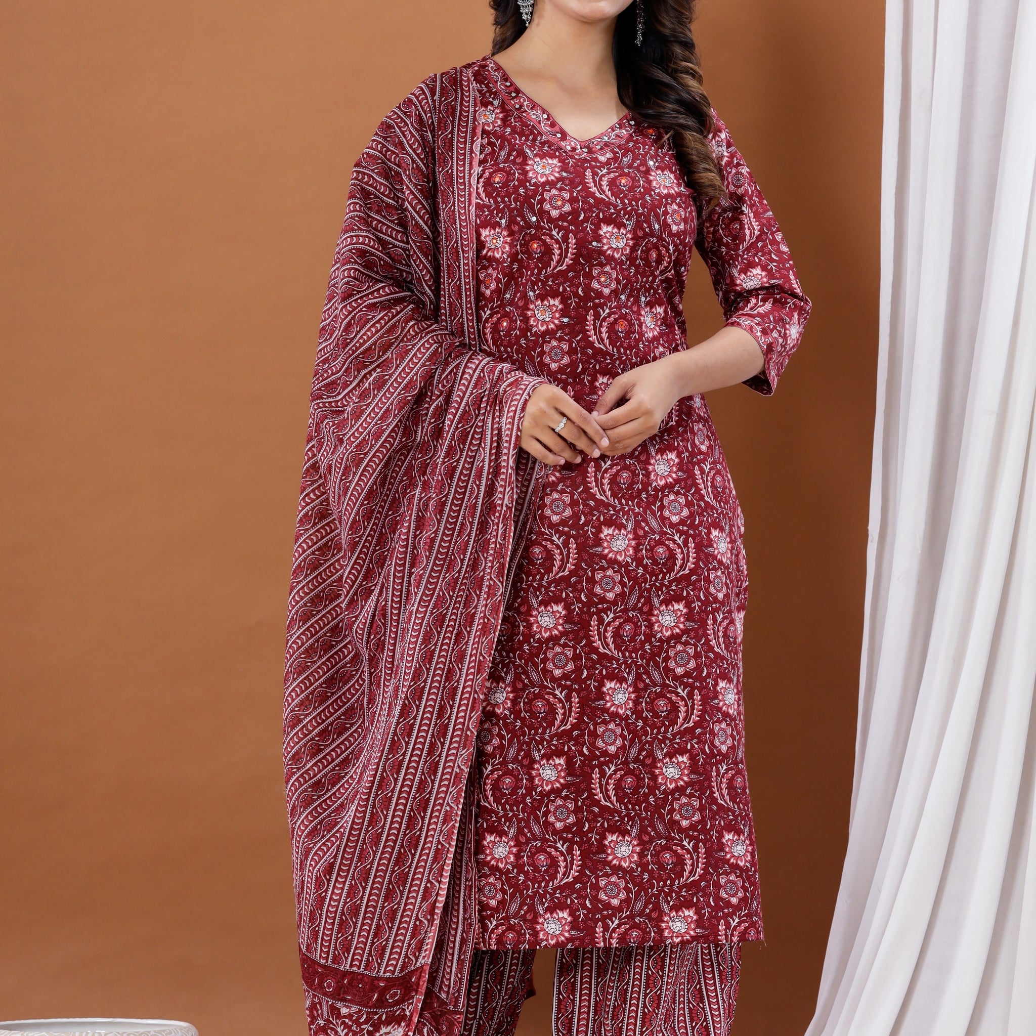 INDYES Maroon Floral Print Embellished Cotton Kurta Afghani Salwar Dupatta Set for Women