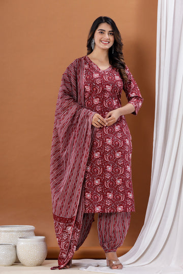 INDYES Maroon Floral Print Embellished Cotton Kurta Afghani Salwar Dupatta Set for Women
