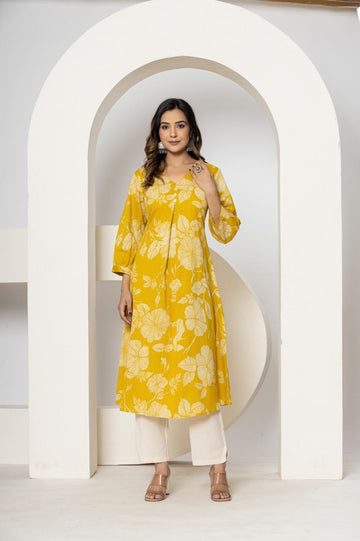 INDYES Mustard Yellow Floral Printed V-Neck Regular Pure Cotton A-Line Kurta With Trouser