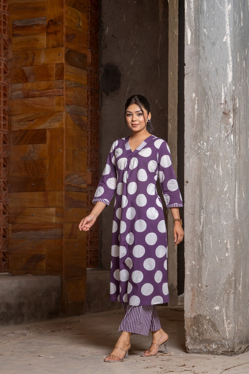 INDYES Polka Dots Printed Pleated Pure Cotton Straight Kurta Palazzo Set for Women