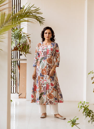 INDYES Floral Printed Pure Cotton Anarkali Kurta With Trouser for Women