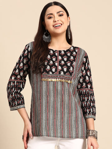 Ethnic Motifs Printed Sequinned Pure Cotton Sequinned Kurti