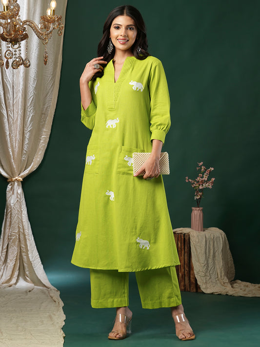 INDYES Lime Green Embroidered Thread Work Pure Cotton Kurta With Palazzos