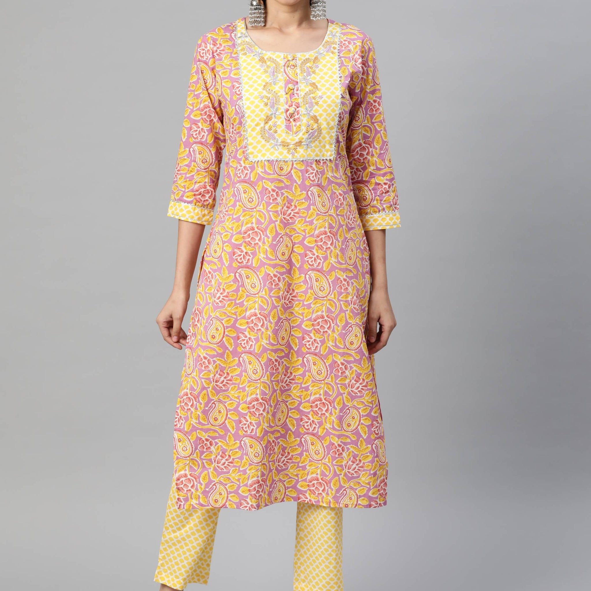 Women Lavender Ethnic Motifs Printed Embroidered Pure Cotton Kurta with Trousers