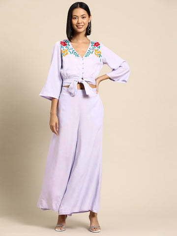 Floral Embroidered Front Knot Top & Flared Trousers Co-Ords