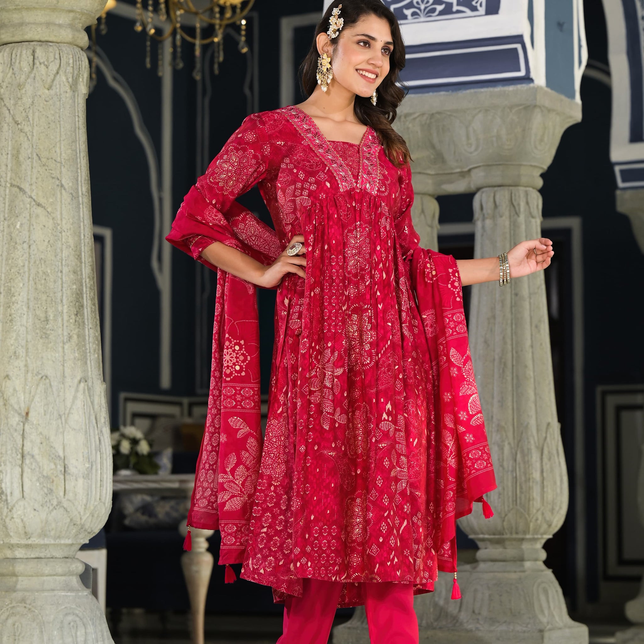 INDYES Red Silk Gold Print V Neck Embroidery Kurta with Pant & Dupatta for Women