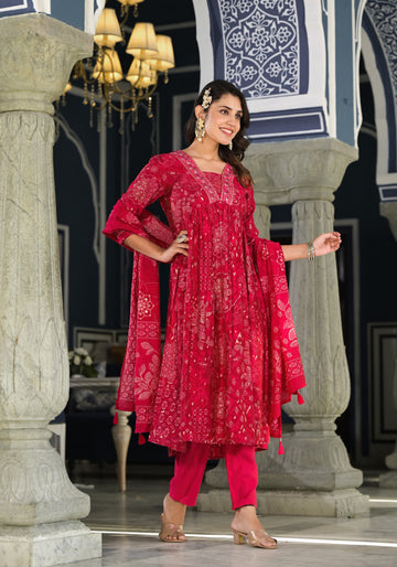 INDYES Red Silk Gold Print V Neck Embroidery Kurta with Pant & Dupatta for Women