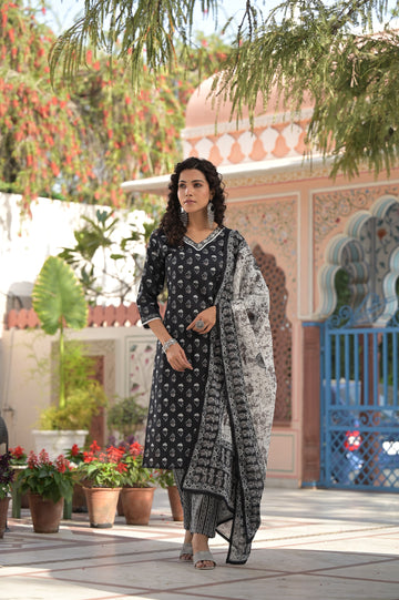 INDYES Ethnic Motifs Printed Pure Cotton Straight Kurta with Trousers & Dupatta for Women