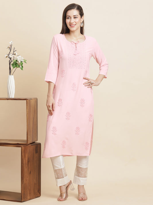INDYES Floral Embroidered Tie-Up Neck Chikankari Straight Kurta for Women