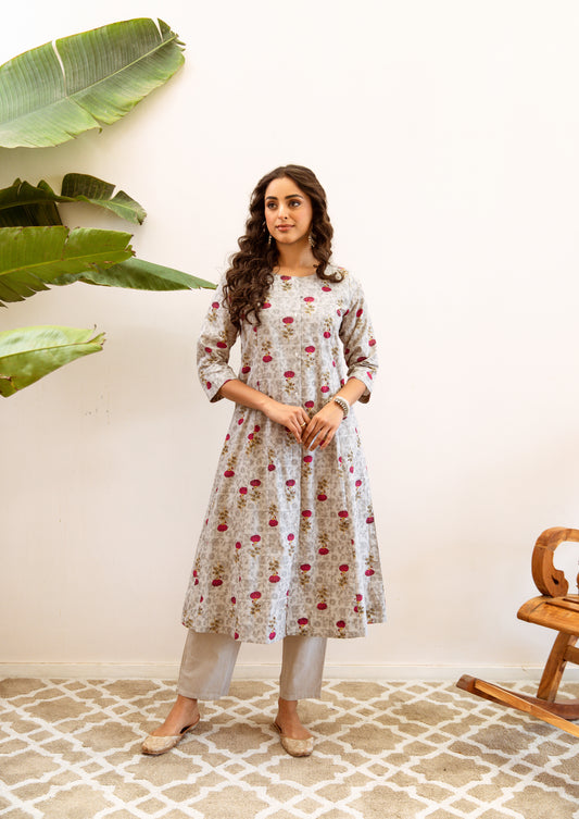 INDYES Floral Printed Panelled Linen A-Line Kurta With Trouser for Women