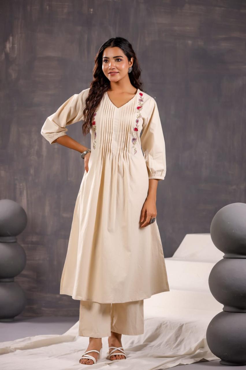 INDYES Cream Floral Embroidered Pleated Thread Work Pure Cotton Kurta with Palazzos for Women