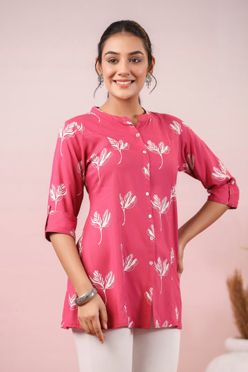 INDYES Pink Floral Printed Mandarin Collar Casual Wear Kurti for Women & Girls