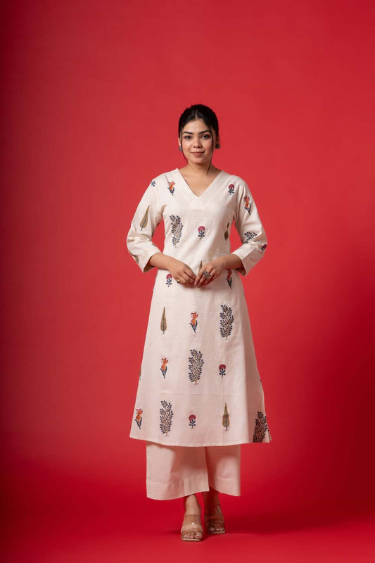 INDYES Floral Printed Pure Cotton A-Line Kurta with Palazzos for Women