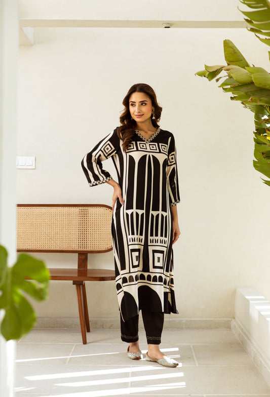 INDYES Geometric Printed V-Neck Kantha Work Kurta With Trousers for Women
