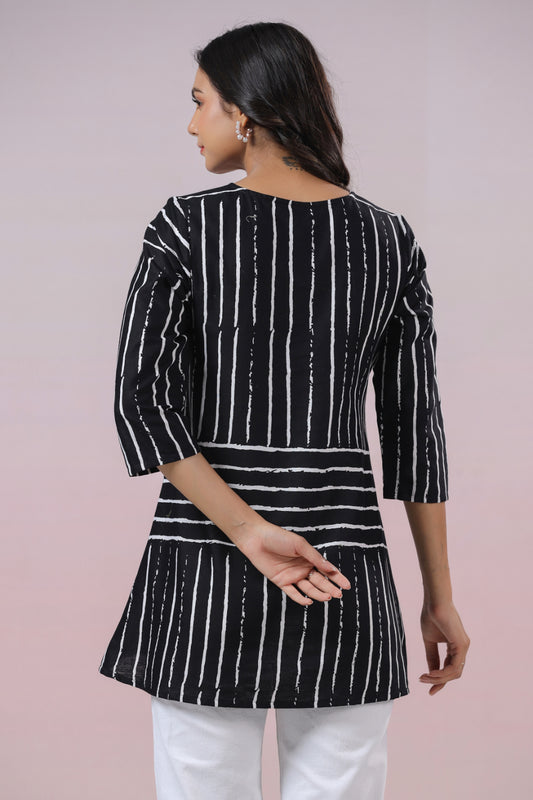 INDYES Black Striped Print Tie-up Neck Pure Cotton Kurti for Women