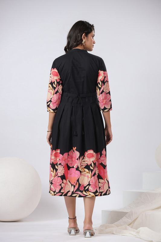 INDYES Floral Print A-Line Casual Wear Cotton Midi Dress for Women
