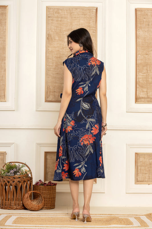 INDYES Floral Print A-Line Midi Dress for Women & Girls