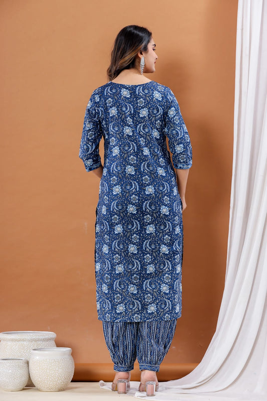 INDYES Blue Floral Print Pure Cotton Kurta With Afghani Salwar & Dupatta Set for Women
