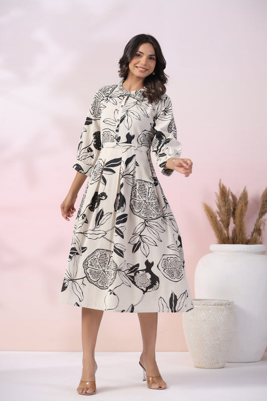 INDYES Floral Print Sequins Embellished Mandarin Collar Cotton Midi Dress for Women & Girls
