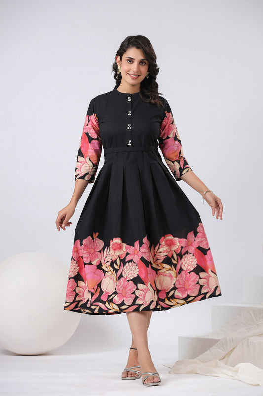 INDYES Floral Print A-Line Casual Wear Cotton Midi Dress for Women