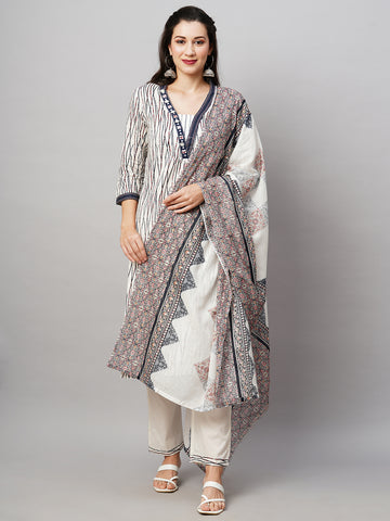 Abstract Printed Pure Cotton Kurta & Trousers With Dupatta