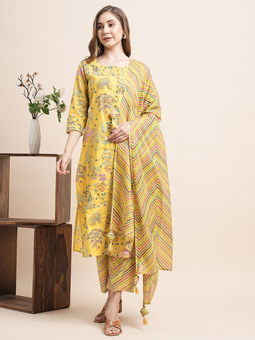 INDYES Floral Printed Regular Pure Cotton Straight Kurta With Palazzos & Dupatta for Women