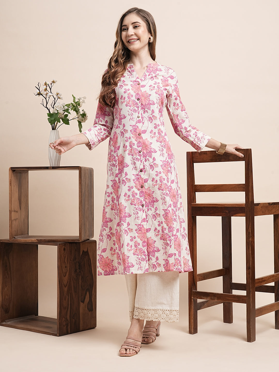 INDYES Floral Printed Regular Pure Cotton A-Line Kurta Palazzo Set for Women