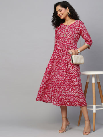 Women Red Bandhani Print Embellished Fit and Flare Dress