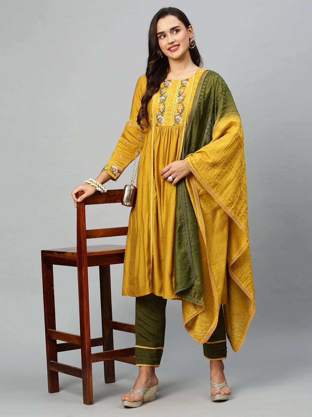 Floral Embroidered Thread Work Kurta with Trousers & Dupatta