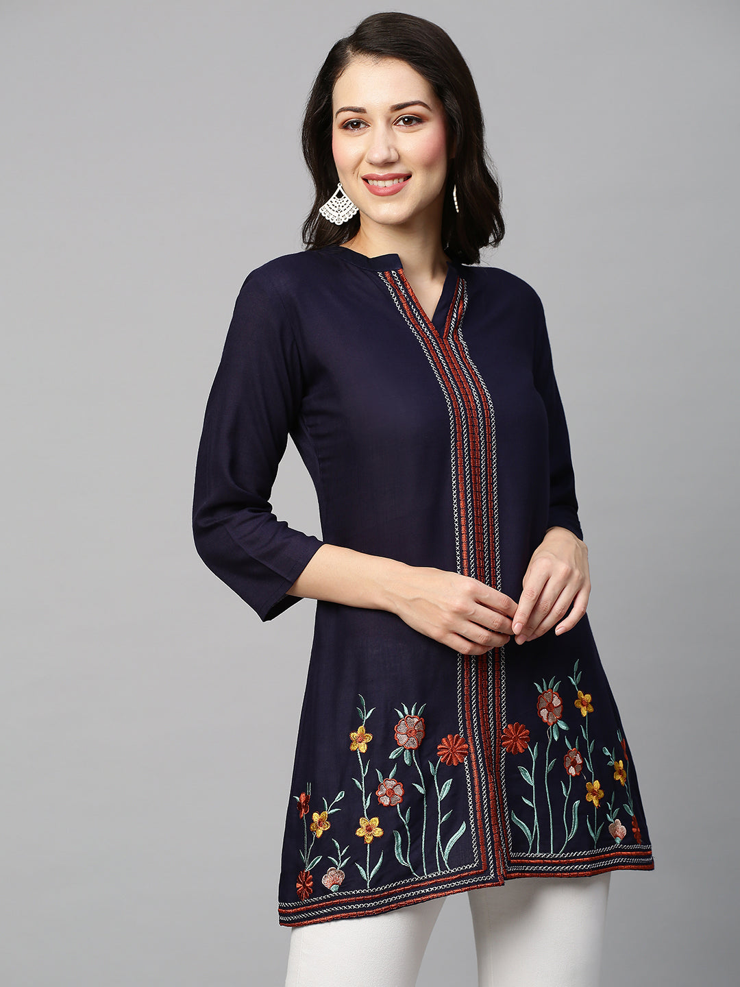 Navy Floral Embroidered Kurti