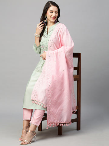 Floral Embroidered Mirror Work Kurta with Trousers & Dupatta