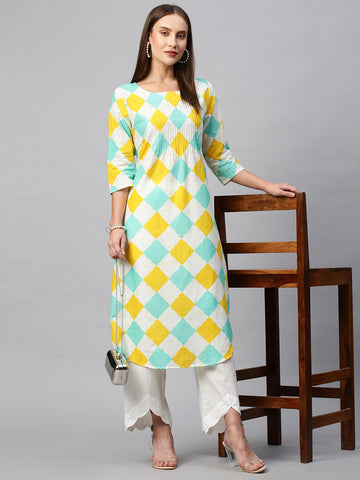 Women Turquoise Blue Printed Regular Thread Work Pure Cotton Kurta with Trousers