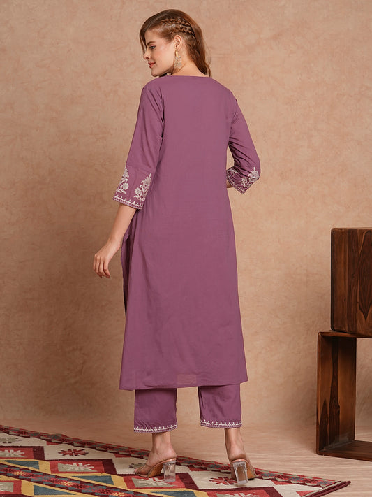 INDYES Floral Embroidered Pleated Thread Work Pure Cotton A-Line Kurta With Palazzo