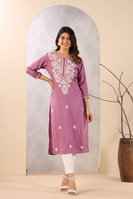 INDYES Floral Embroidered Thread Work Straight Viscose Rayon Kurta